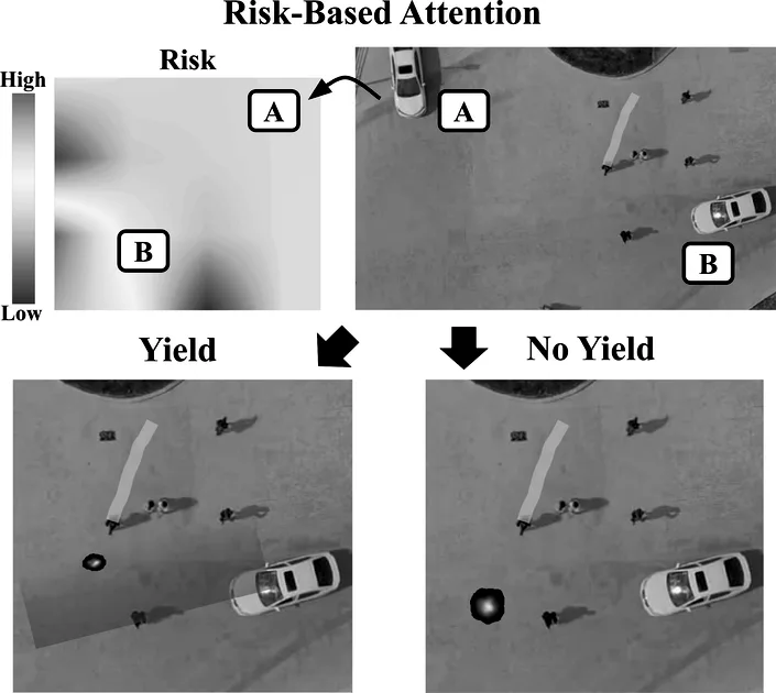Fig. 1: Steps of the proposed interaction model. The pedestrian pays attention to each vehicle and yields in proportion to estimated risk. A learned vehicle influence then predicts how yielding pedestrians adjust their speed, while non-yiel