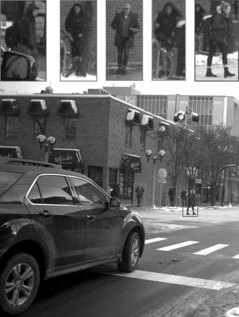 Fig. 1: An example frame from the PedX dataset. Left: A camera image with bounding boxes around the pedestrians within $5\text{-}45\mathtt{m}$ to the camera. Right: A rendered image with the 3D human mesh models in metric scale.