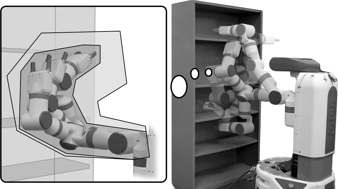 Fig. 1: ARMTD performs safe, real-time receding-horizon planning for a Fetch arm around a cabinet in real time, from a start pose (purple, low shelf) to a goal (green, high shelf). Several intermediate poses are shown (transparent). The cal