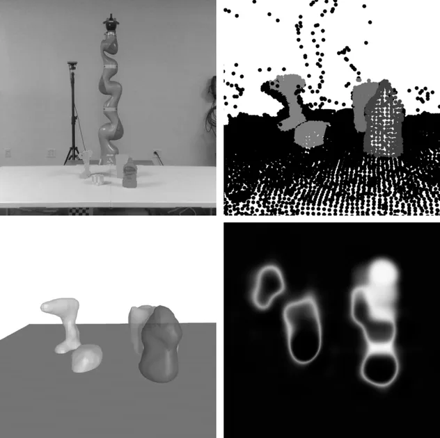 Figure 1: Our method takes a segmented (top left) point cloud observation (top right) and builds a continuous probabilistic map. This map can be used to reconstruct the scene (bottom left) or measure uncertainty about the scene (bottom righ